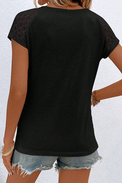 Black Lace Sleeve Keyhole Smocked Detail Blouse - Vesteeto