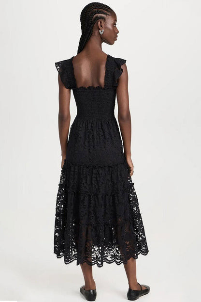 Black Lace Smocked Bodice Sleeveless Midi Dress - Vesteeto