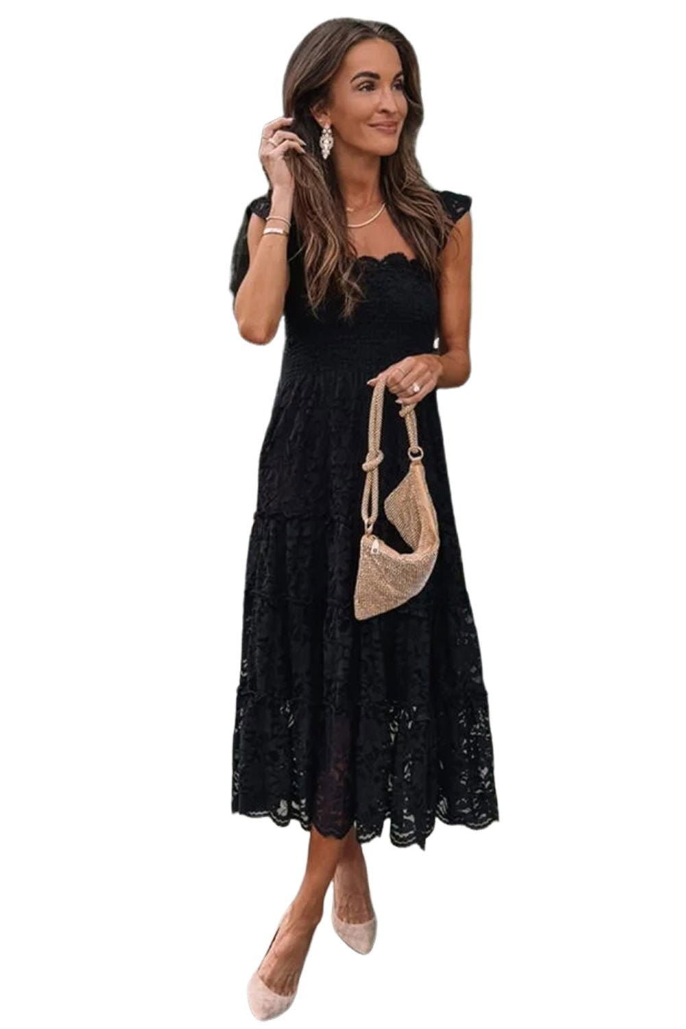 Black Lace Smocked Bodice Sleeveless Midi Dress - Vesteeto