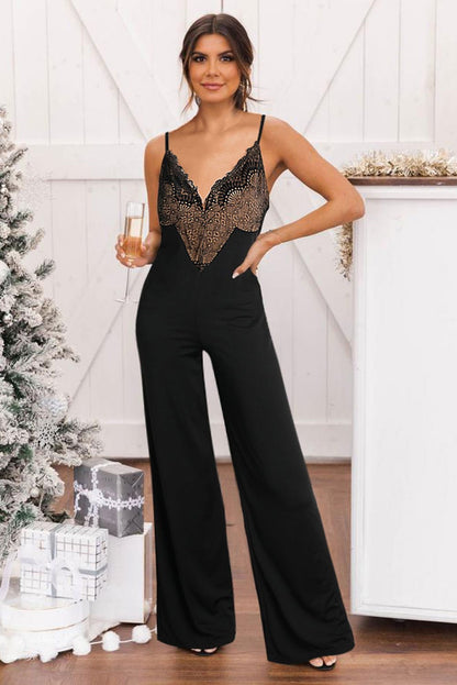 Black Lace Splicing V Neck Bodice Wide Leg Jumpsuit for Elegance - Vesteeto