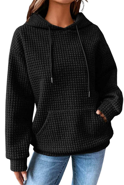 Black Lattice Textured Kangaroo Pocket Drawstring Hoodie 