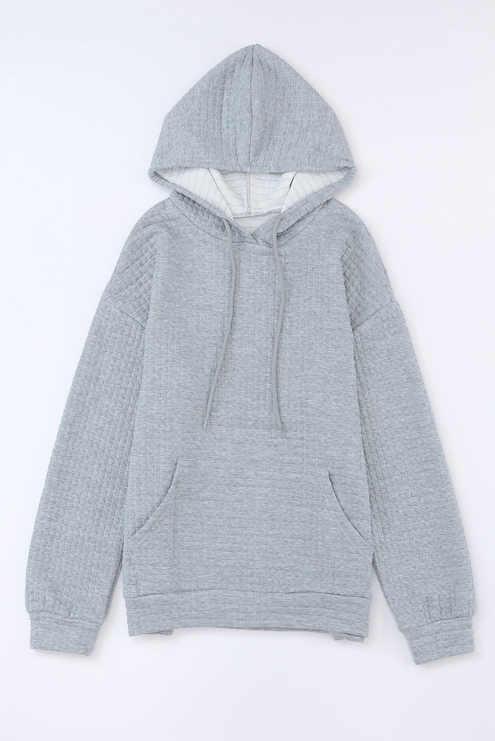 Black Lattice Textured Kangaroo Pocket Drawstring Hoodie - Vesteeto