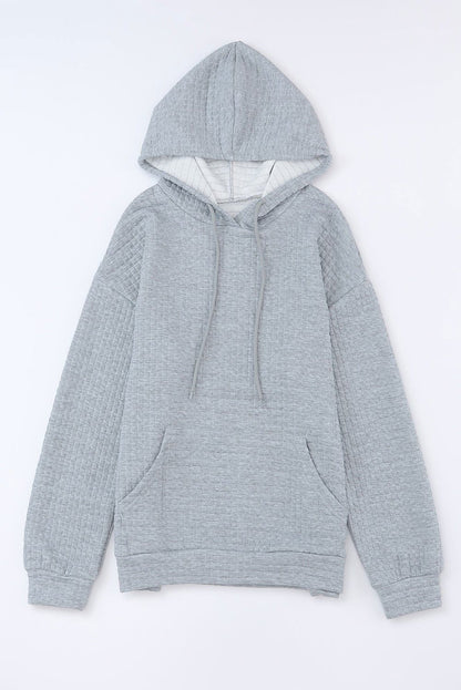 Black Lattice Textured Kangaroo Pocket Drawstring Hoodie - Vesteeto