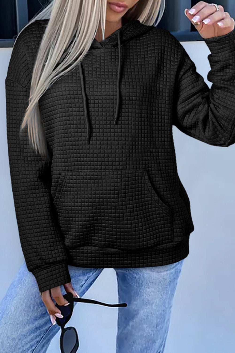 Black Lattice Textured Kangaroo Pocket Drawstring Hoodie 