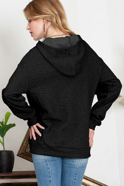 Black Lattice Textured Kangaroo Pocket Drawstring Hoodie - Vesteeto