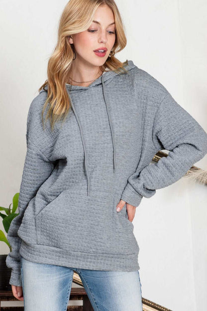 Black Lattice Textured Kangaroo Pocket Drawstring Hoodie 