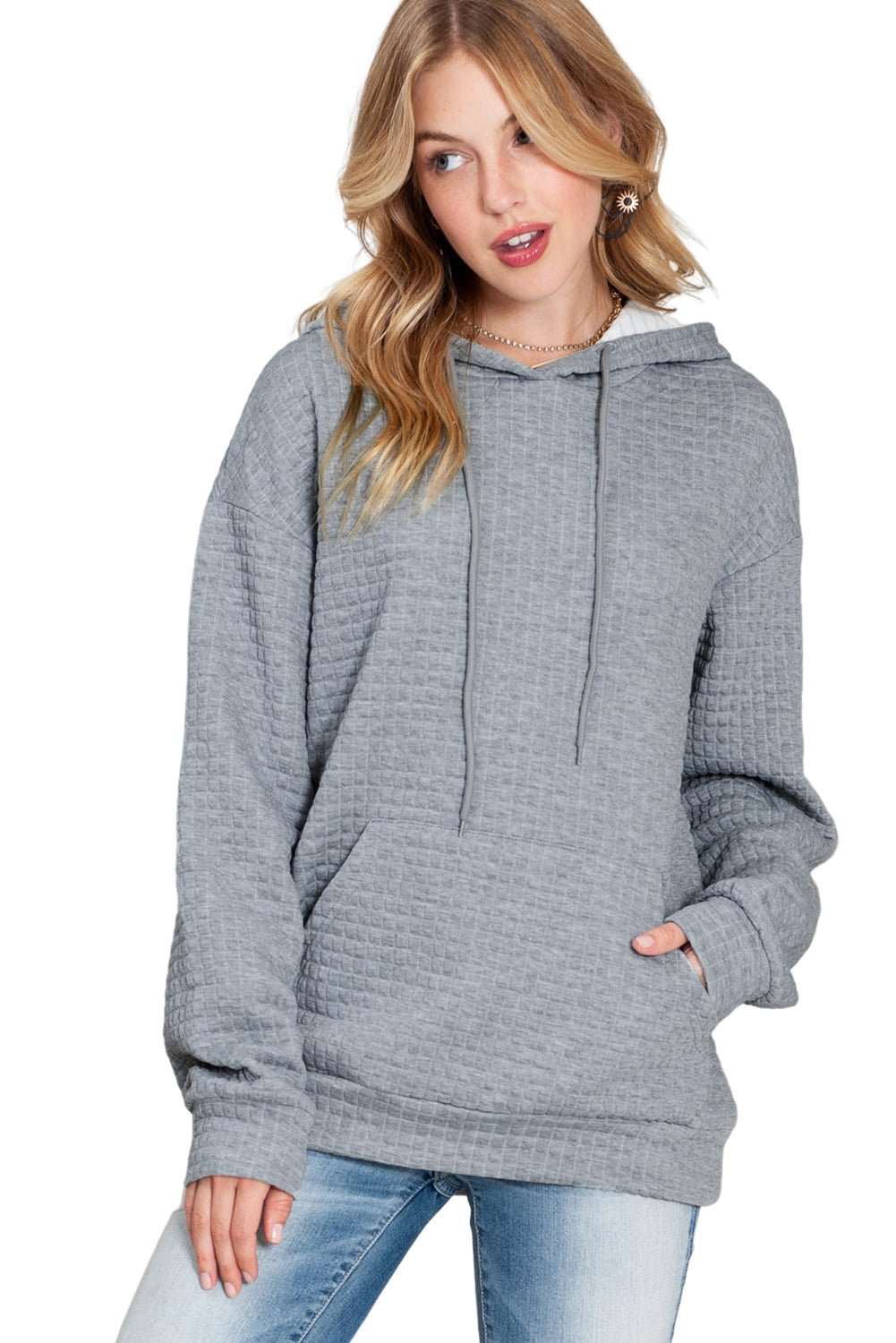 Black Lattice Textured Kangaroo Pocket Drawstring Hoodie 