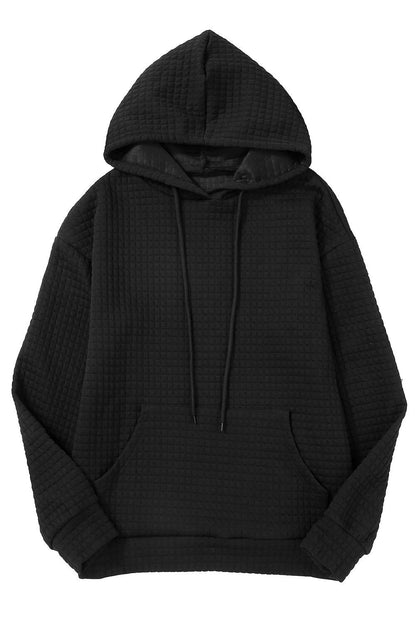 Black Lattice Textured Kangaroo Pocket Drawstring Hoodie - Vesteeto