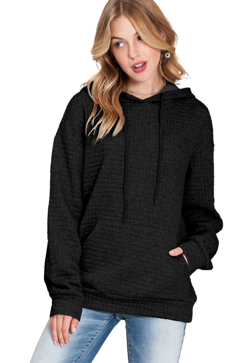 Black Lattice Textured Kangaroo Pocket Drawstring Hoodie - Vesteeto