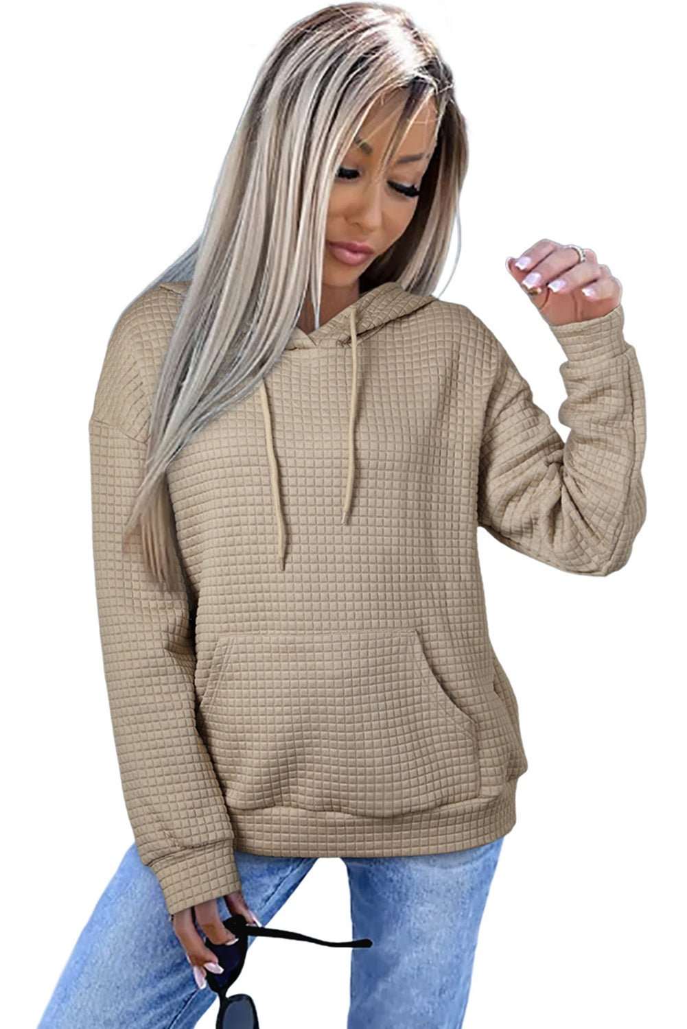 Black Lattice Textured Kangaroo Pocket Drawstring Hoodie 