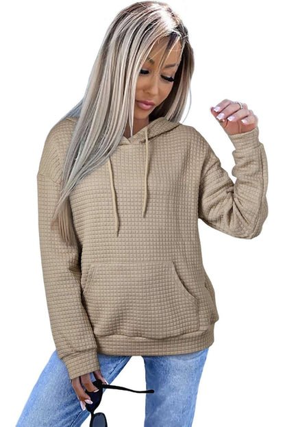 Black Lattice Textured Kangaroo Pocket Drawstring Hoodie 