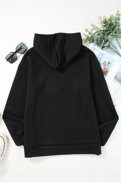 Black Lattice Textured Kangaroo Pocket Drawstring Hoodie - Vesteeto