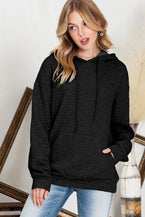 Black Lattice Textured Kangaroo Pocket Drawstring Hoodie - Vesteeto