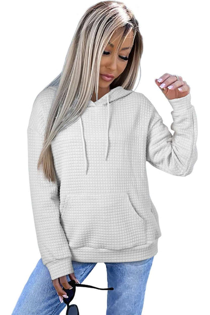 Black Lattice Textured Kangaroo Pocket Drawstring Hoodie 