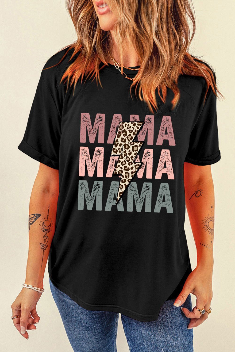 Black Leopard Lightning MAMA Letter Print Graphic Tee - Vesteeto