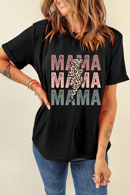 Black Leopard Lightning MAMA Letter Print Graphic Tee - Vesteeto