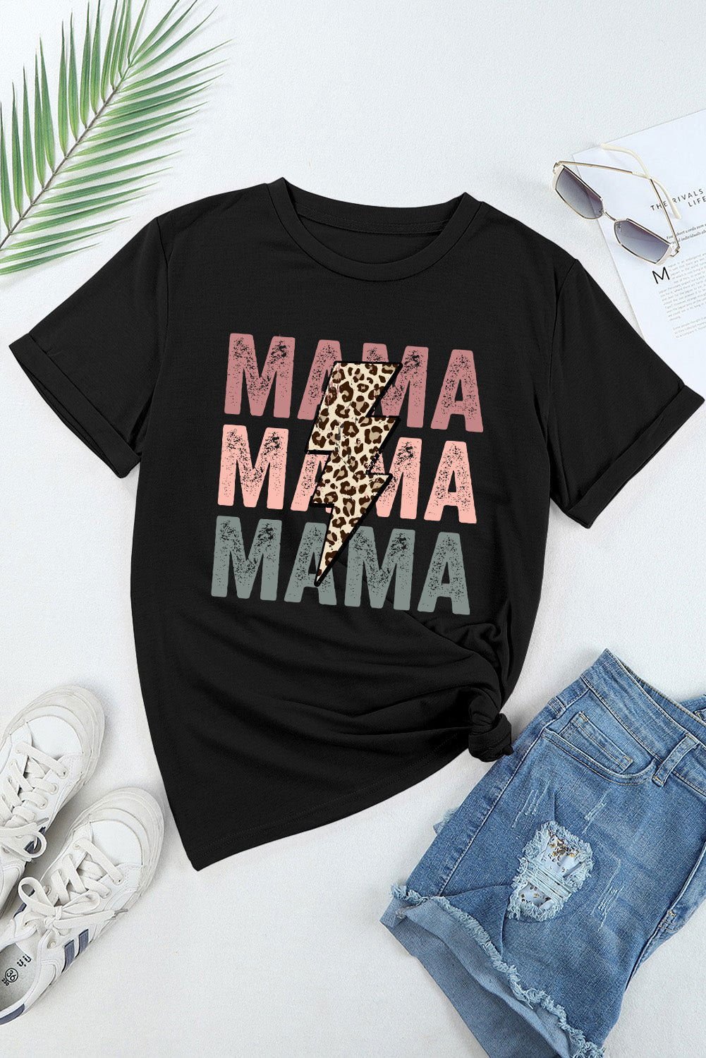 Black Leopard Lightning MAMA Letter Print Graphic Tee - Vesteeto