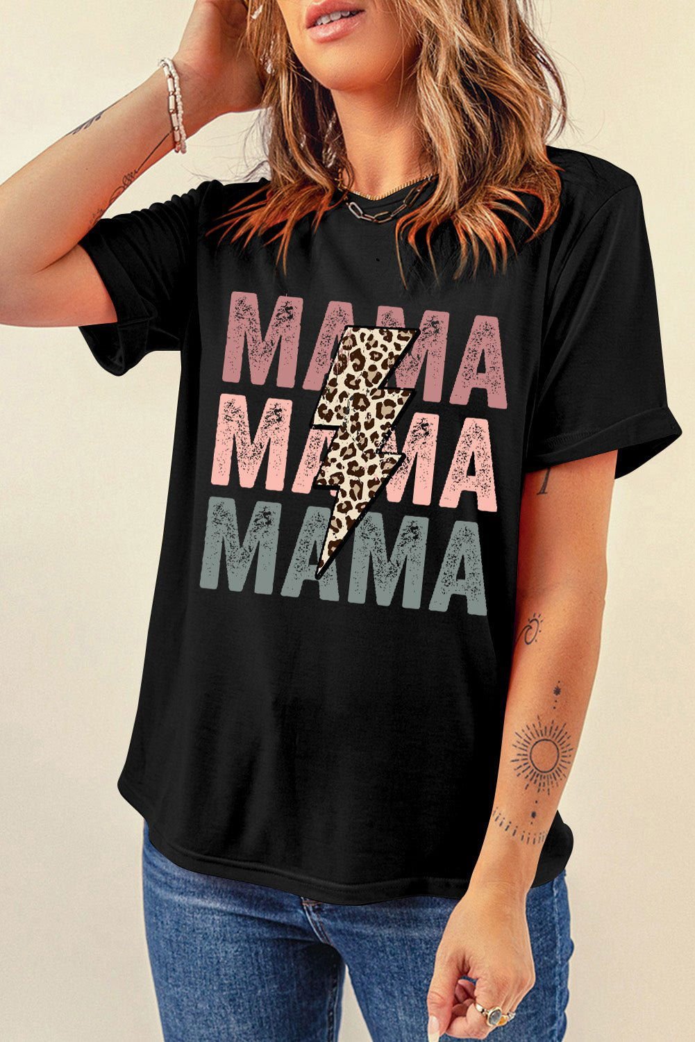 Black Leopard Lightning MAMA Letter Print Graphic Tee - Vesteeto