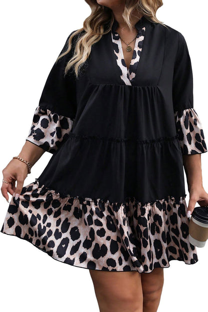 Black Leopard Patchwork Split Neck Ruffle Plus Size Dress - Vesteeto