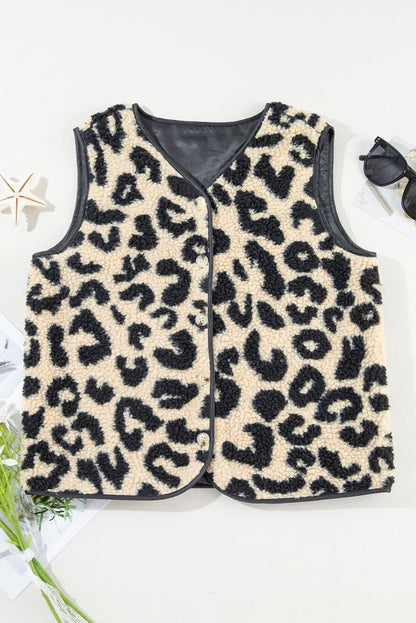 Black Leopard Print Sherpa Button Front Vest Coat - Vesteeto