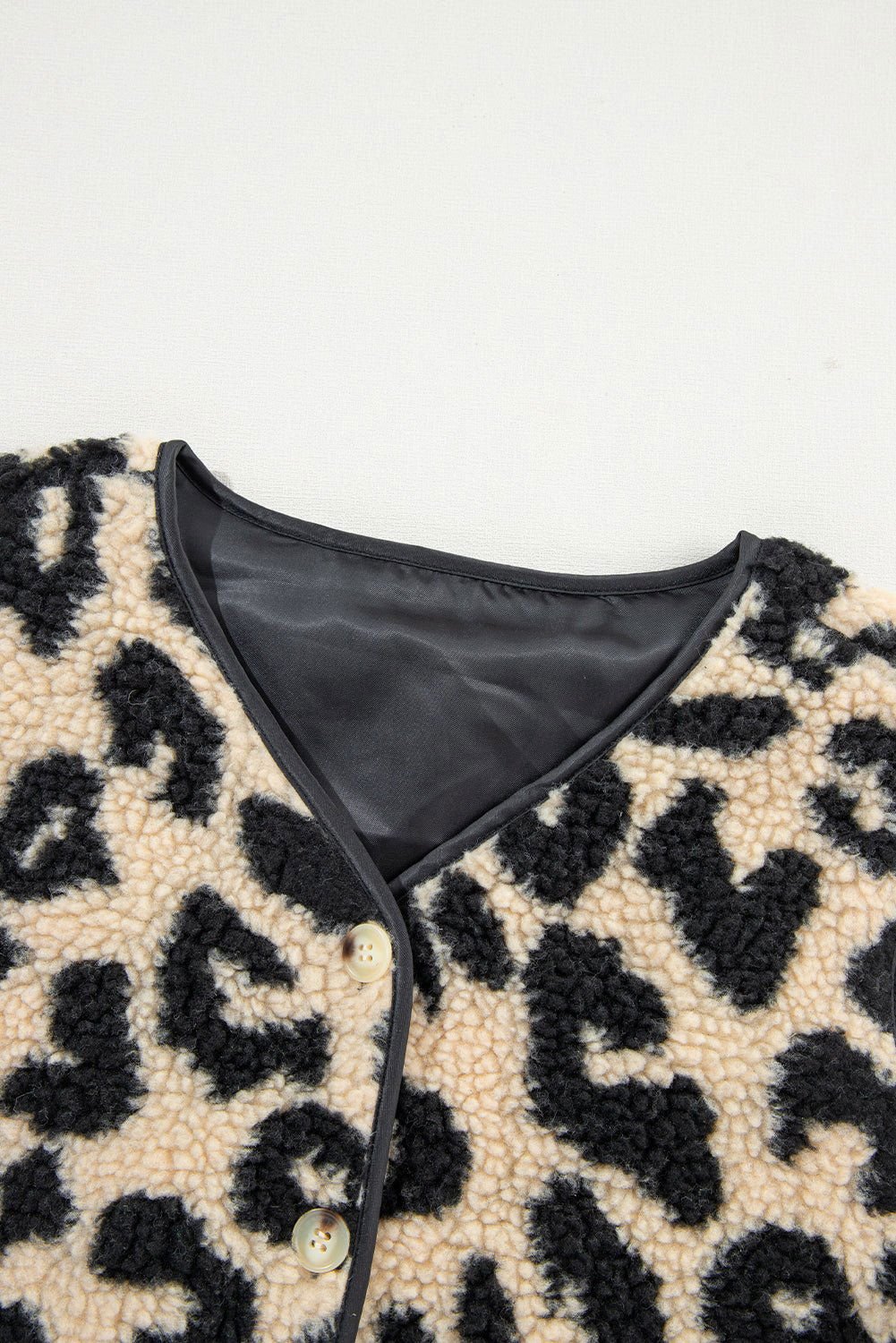 Black Leopard Print Sherpa Button Front Vest Coat - Vesteeto