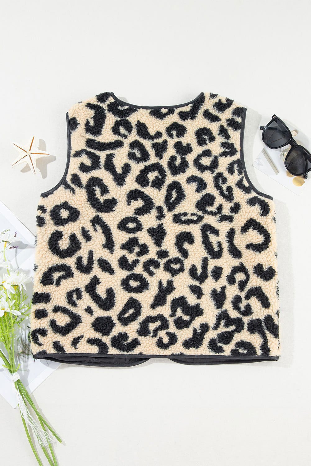 Black Leopard Print Sherpa Button Front Vest Coat - Vesteeto