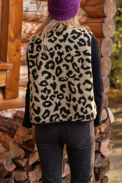 Black Leopard Print Sherpa Button Front Vest Coat - Vesteeto