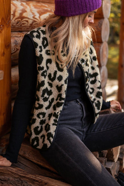 Black Leopard Print Sherpa Button Front Vest Coat - Vesteeto