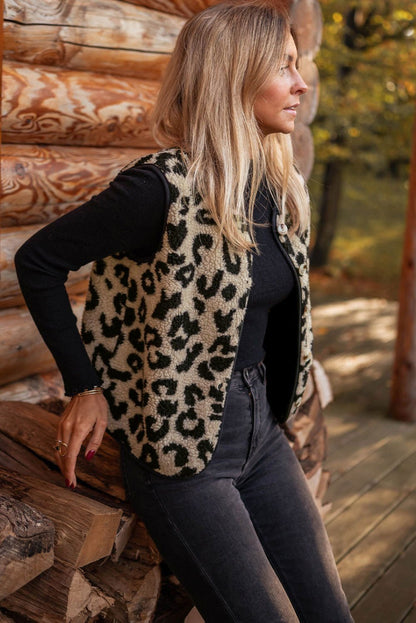 Black Leopard Print Sherpa Button Front Vest Coat - Vesteeto