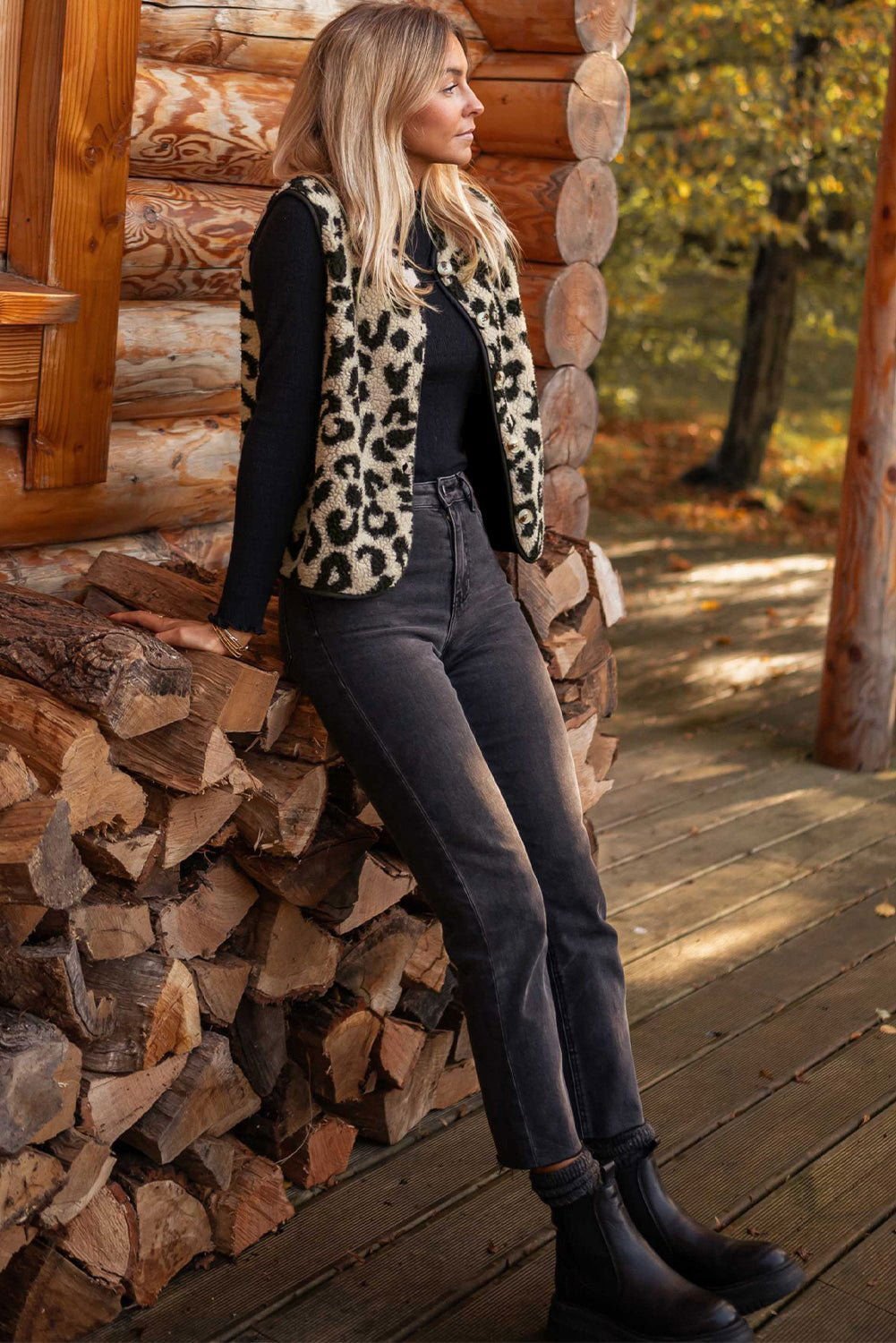 Black Leopard Print Sherpa Button Front Vest Coat - Vesteeto