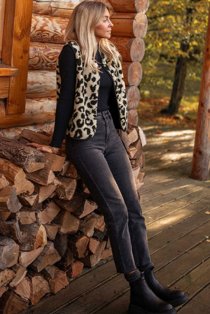 Black Leopard Print Sherpa Button Front Vest Coat - Vesteeto