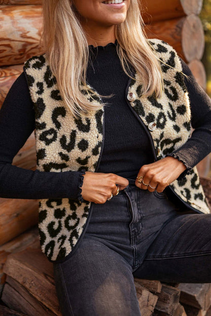 Black Leopard Print Sherpa Button Front Vest Coat - Vesteeto