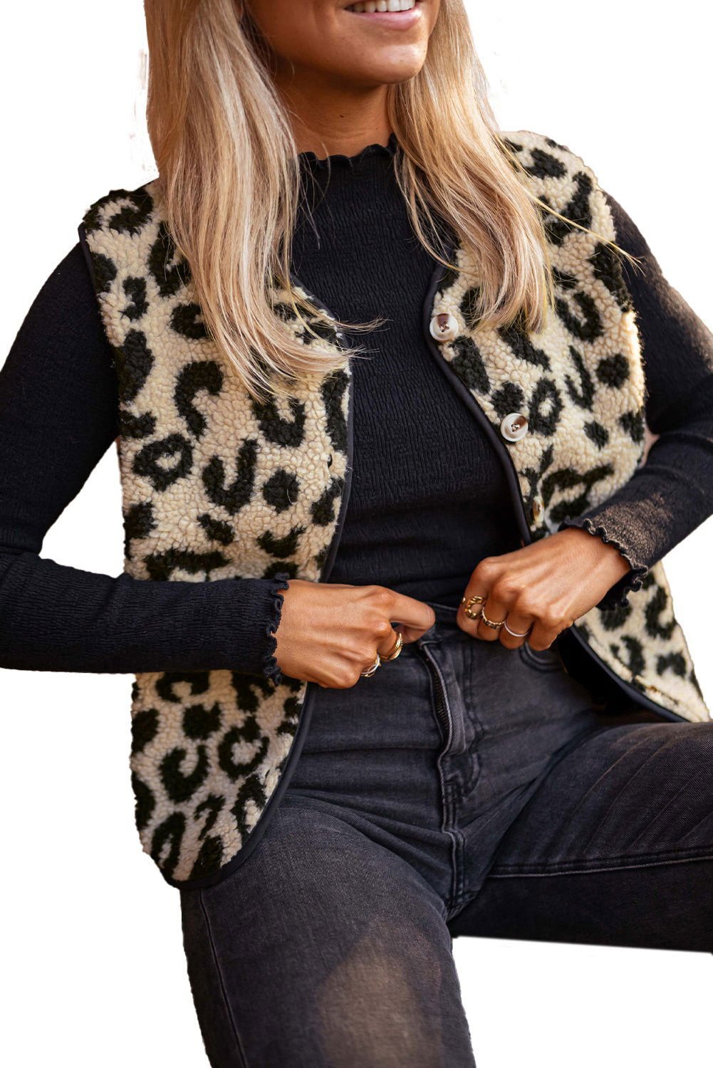 Black Leopard Print Sherpa Button Front Vest Coat - Vesteeto