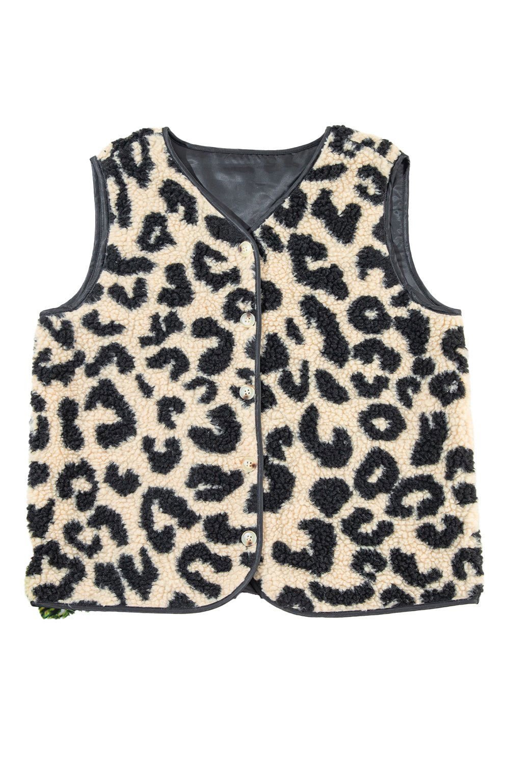 Black Leopard Print Sherpa Button Front Vest Coat - Vesteeto