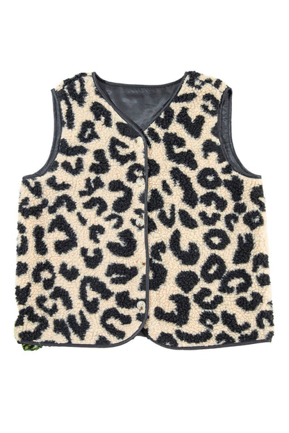 Black Leopard Print Sherpa Button Front Vest Coat - Vesteeto