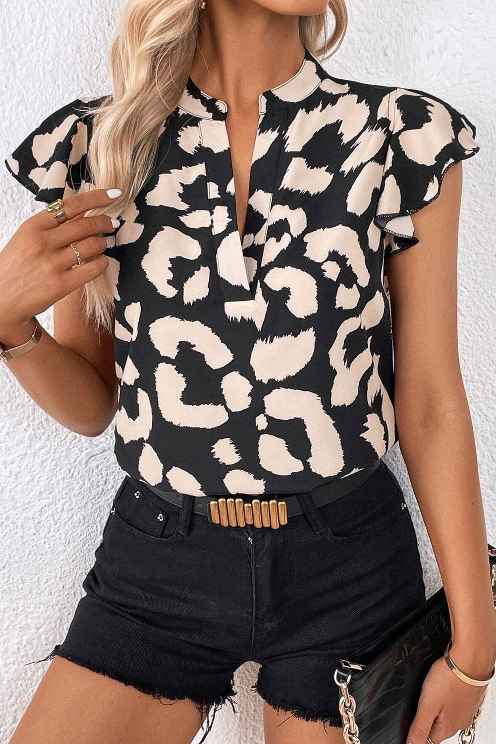 Black Leopard Ruffled Flutter Sleeve Split Neck Blouse - Vesteeto