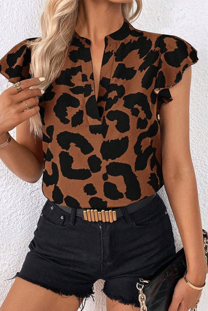 Black Leopard Ruffled Flutter Sleeve Split Neck Blouse - Vesteeto