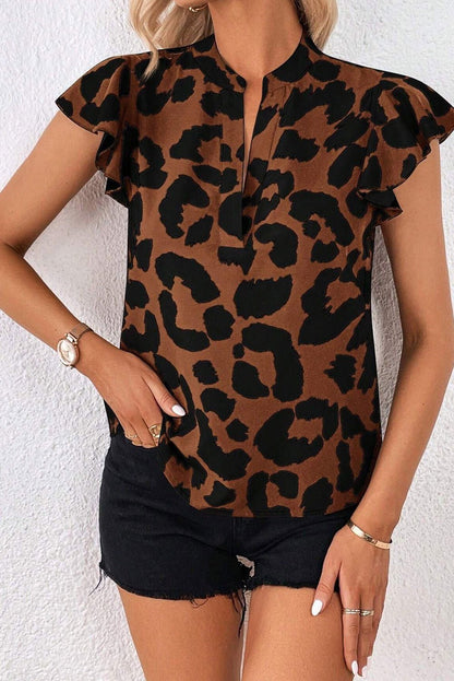 Black Leopard Ruffled Flutter Sleeve Split Neck Blouse - Vesteeto