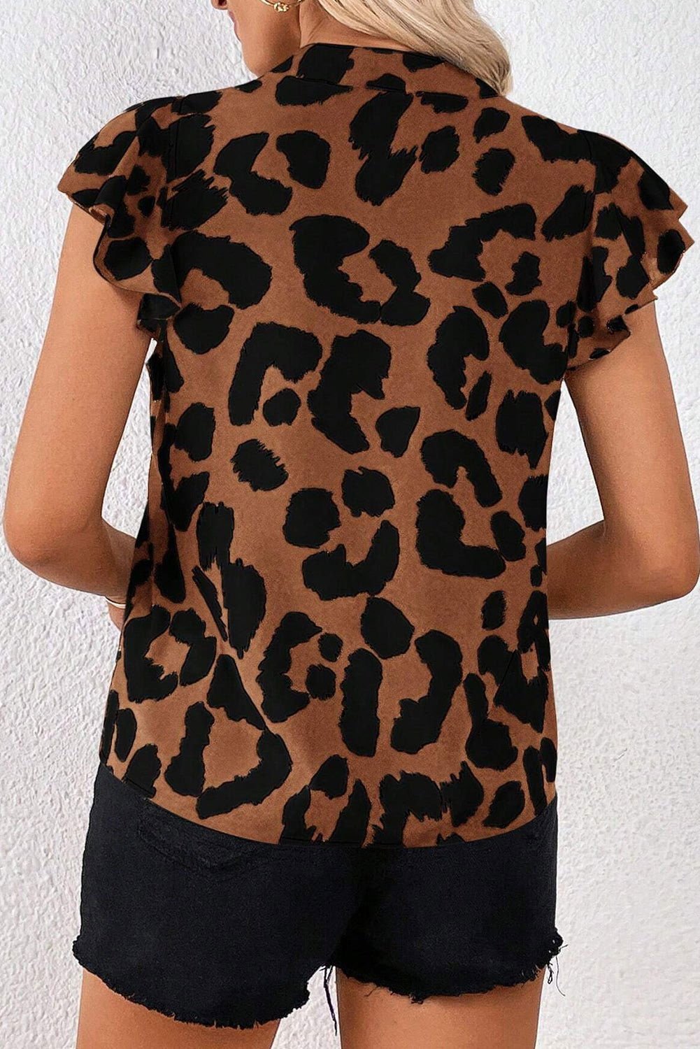 Black Leopard Ruffled Flutter Sleeve Split Neck Blouse - Vesteeto