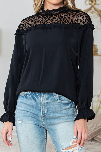 Black Leopard Sheer Splicing Lace Neck Ruffle Blouse - Vesteeto