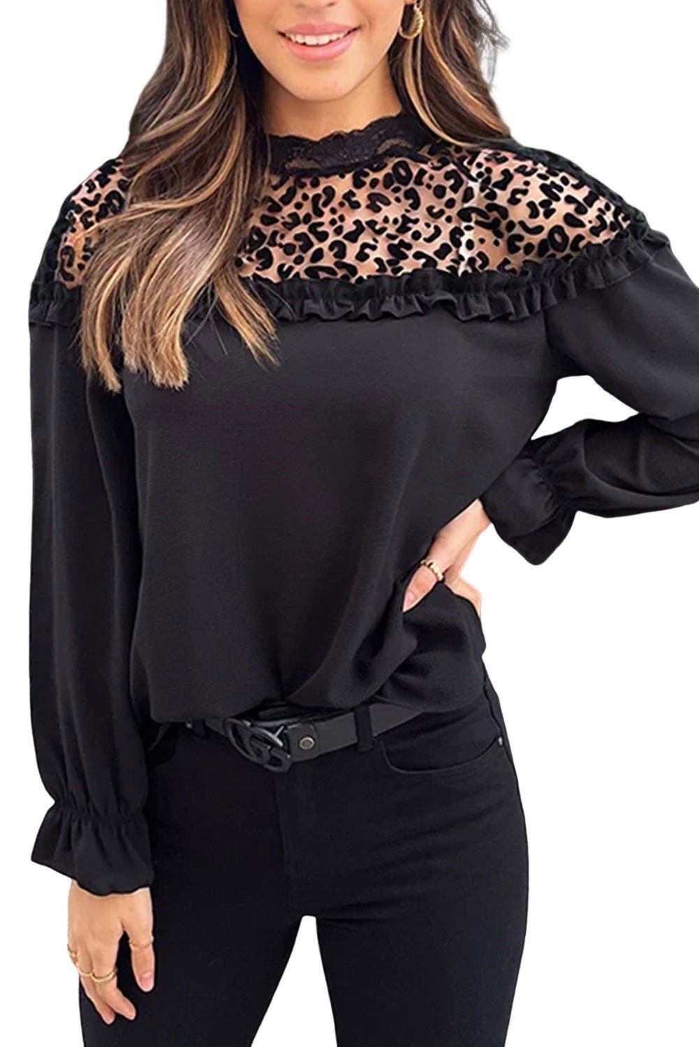 Black Leopard Sheer Splicing Lace Neck Ruffle Blouse - Vesteeto