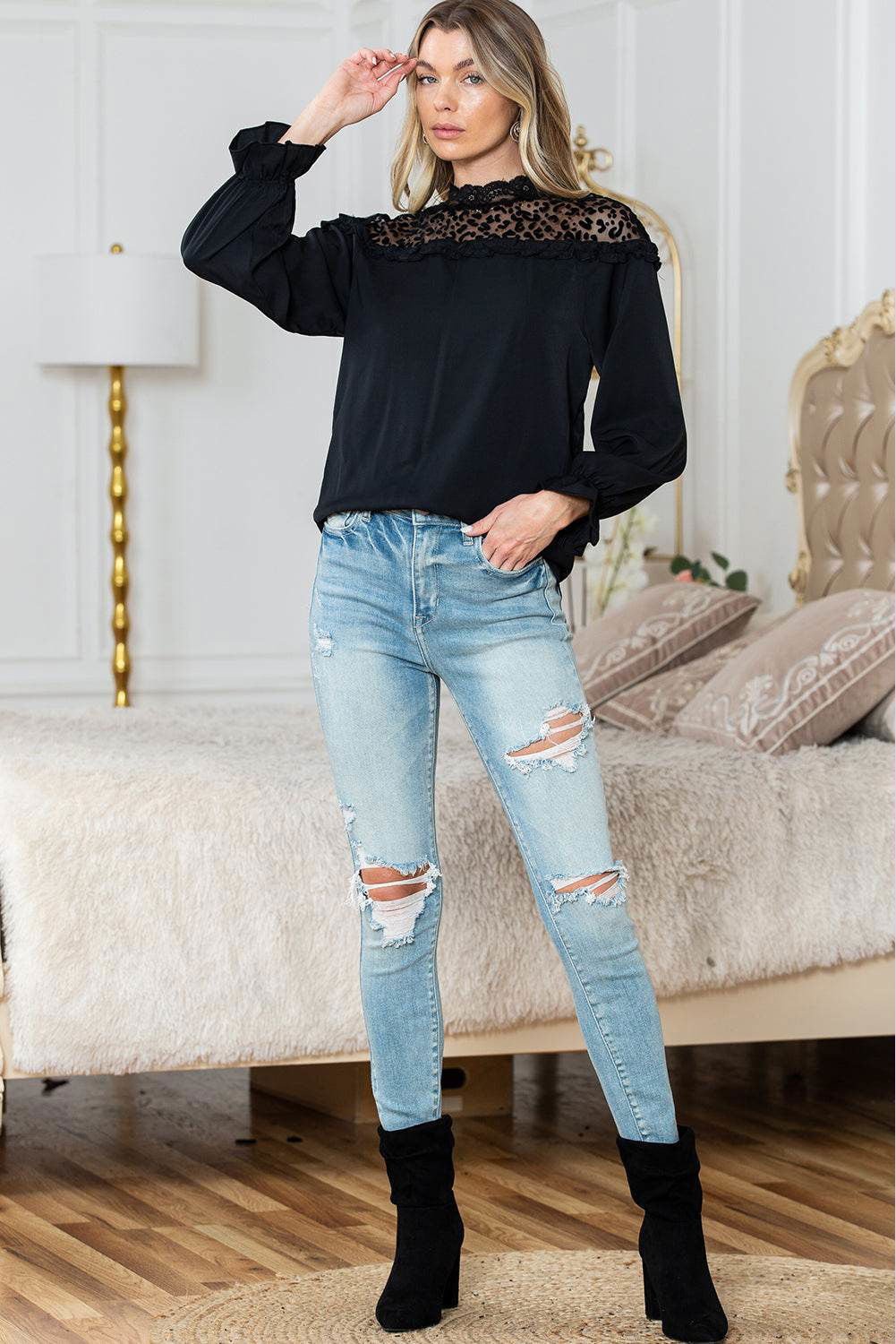 Black Leopard Sheer Splicing Lace Neck Ruffle Blouse - Vesteeto