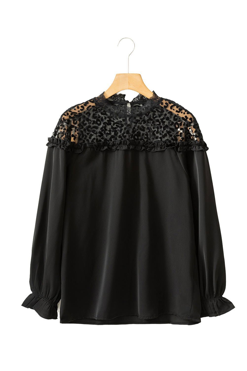 Black Leopard Sheer Splicing Lace Neck Ruffle Blouse - Vesteeto