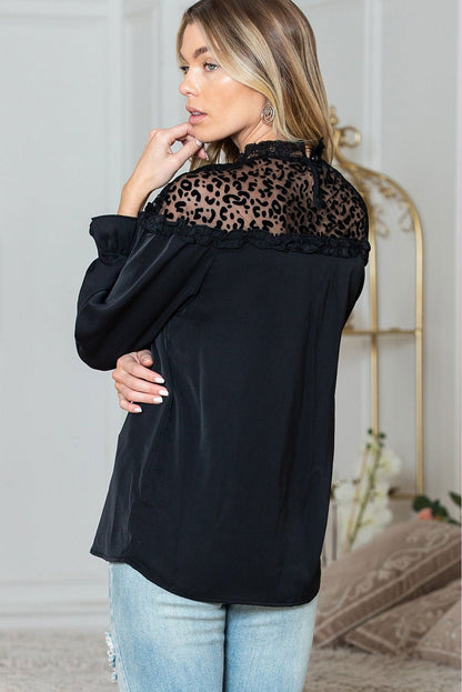 Black Leopard Sheer Splicing Lace Neck Ruffle Blouse - Vesteeto