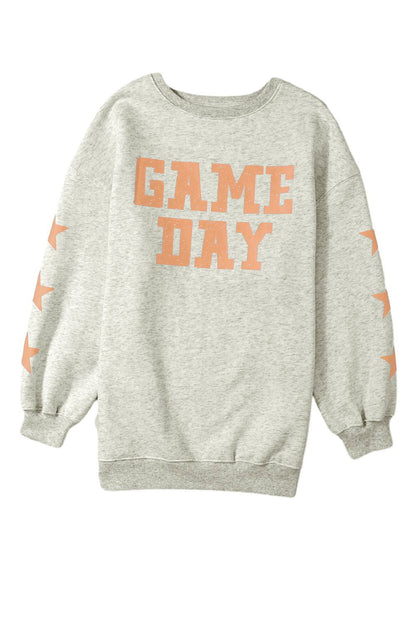 Black Lettering Game Day Print Star Sleeve Sweatshirt - Vesteeto