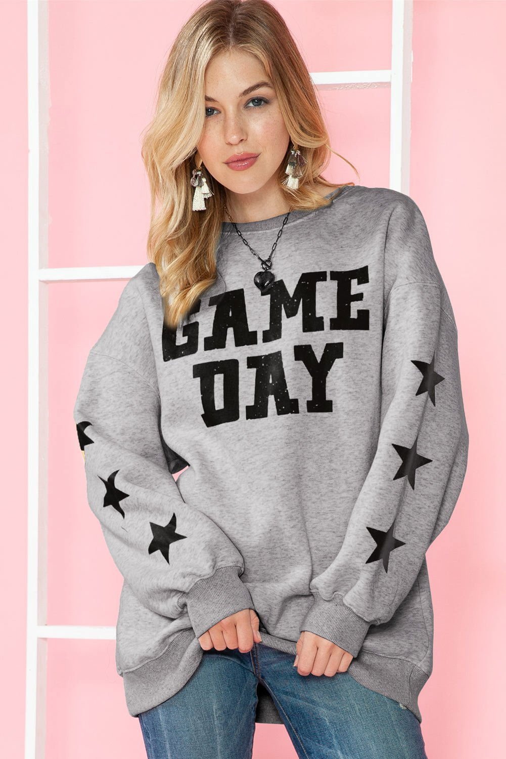 Black Lettering Game Day Print Star Sleeve Sweatshirt - Vesteeto