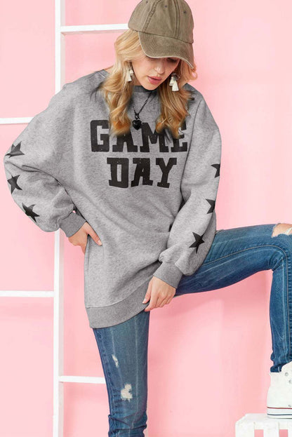 Black Lettering Game Day Print Star Sleeve Sweatshirt - Vesteeto