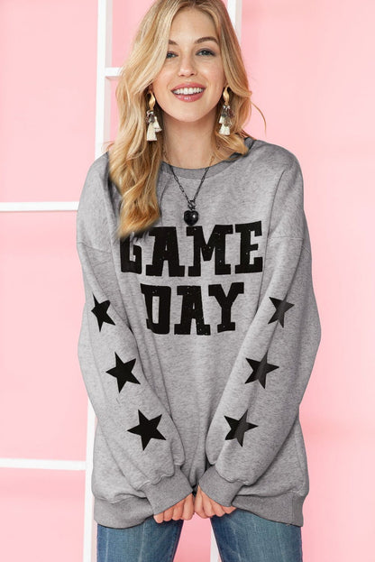 Black Lettering Game Day Print Star Sleeve Sweatshirt - Vesteeto