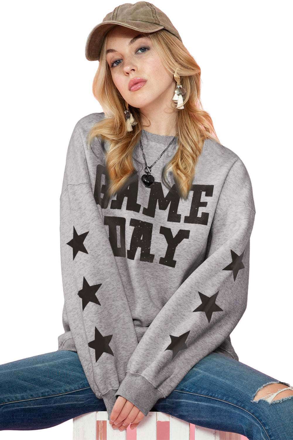 Black Lettering Game Day Print Star Sleeve Sweatshirt - Vesteeto