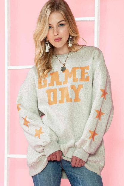 Black Lettering Game Day Print Star Sleeve Sweatshirt - Vesteeto